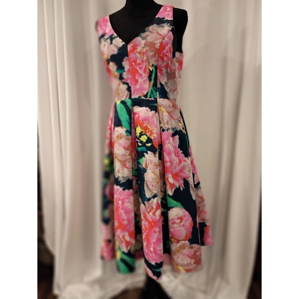 Eliza J Pink Floral Peony V-Neck Fit and Flare Dress Navy Blue Size 8